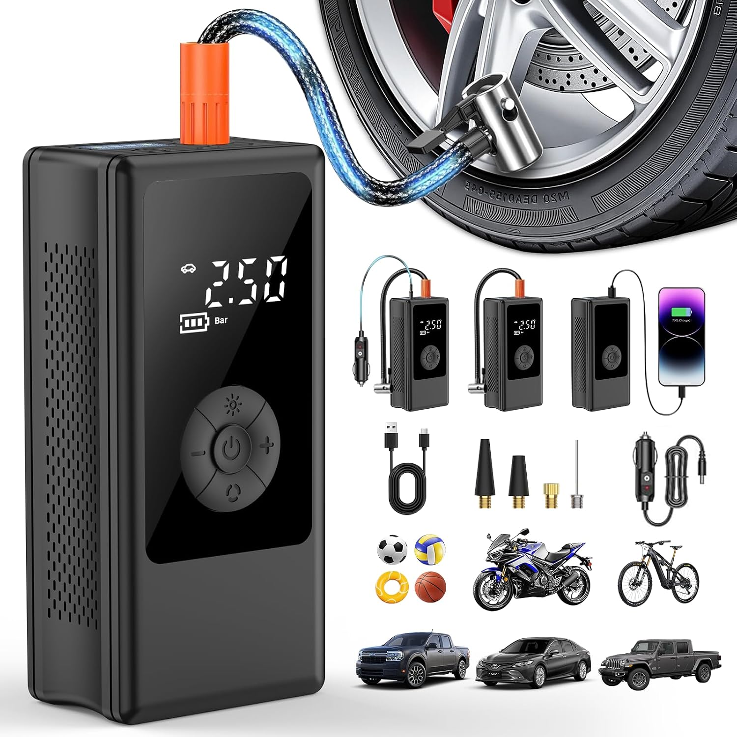 Portable Tire Inflator, Dual Power Supply (12V Car Adapter&Cordless) Car Tire Pump, 150PSI Air Pump & Power Bank, Tire Air Pump with Dual Display for Car, Motorcycle, Bike, Ball
