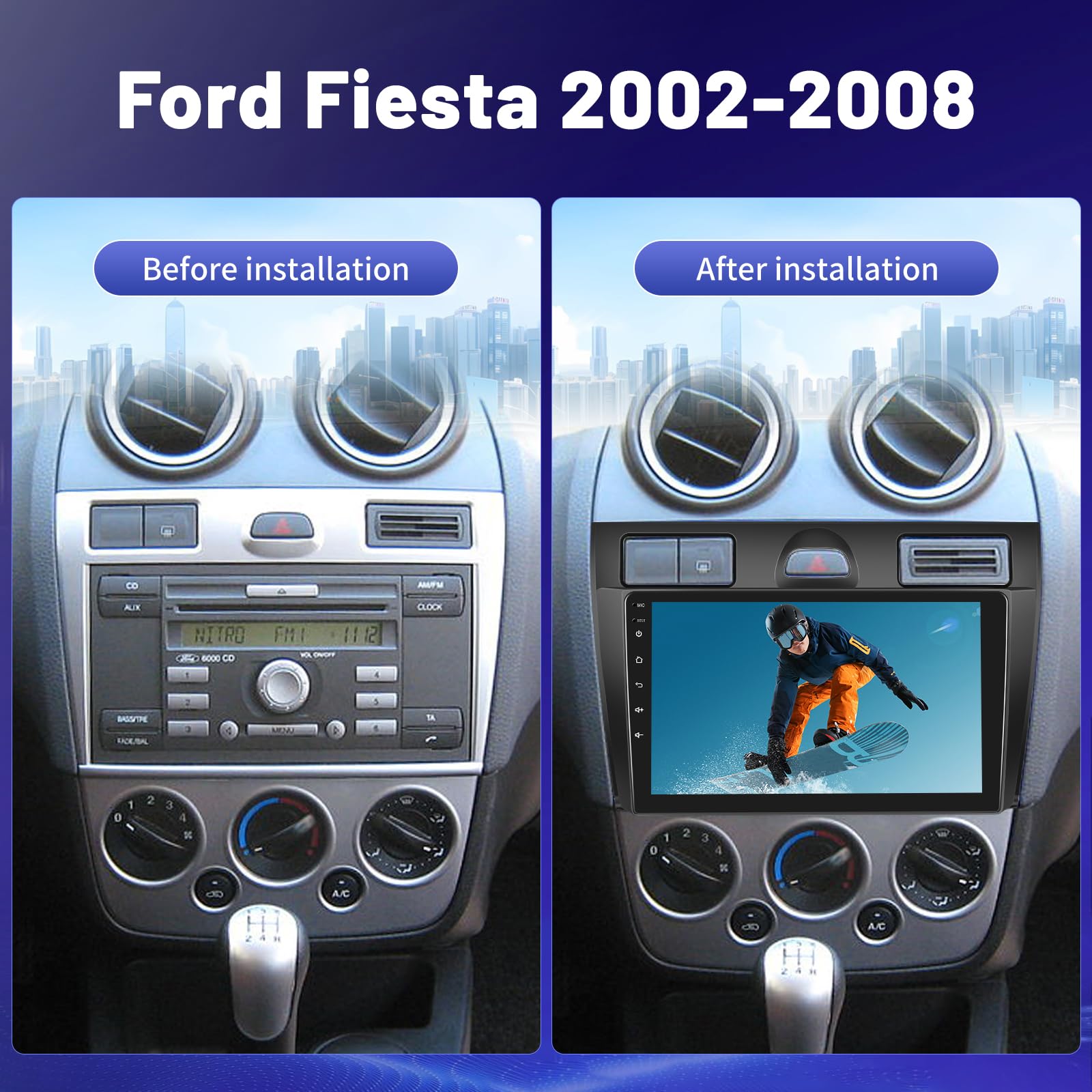 Autoradio per Ford Fiesta 2002-2008 con Wireless Carplay e Android Auto | 2G+64G Android 13 9 Pollici Touchscreen Radio con WiFi/GPS/FM RDS/Bluetooth+AHD Retrocamera