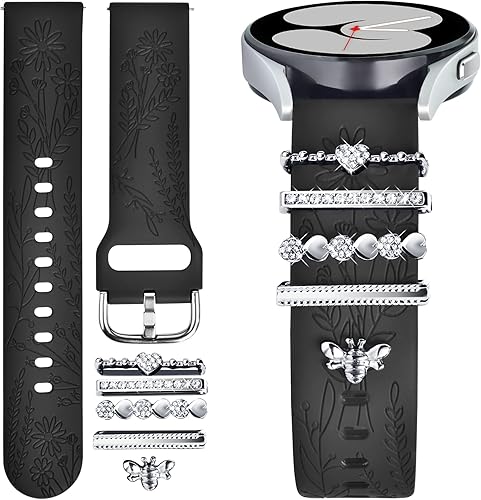 Correas para Samsung Galaxy Watch 456 con dijes, correa de silicona grabada floral de 0.787 pulgadas con anillos decorativos para reloj 6Watch 5