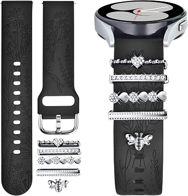 Bands for Samsung Galaxy Watch 7/4/5/6 with Charms, 20mm Women Floral Engraved Silicone Strap with Decorative Rings for Watch 6/Watch 5 Pro/Watch 4 Classic 46mm 42mm/Watch 3 41mm/Active 2