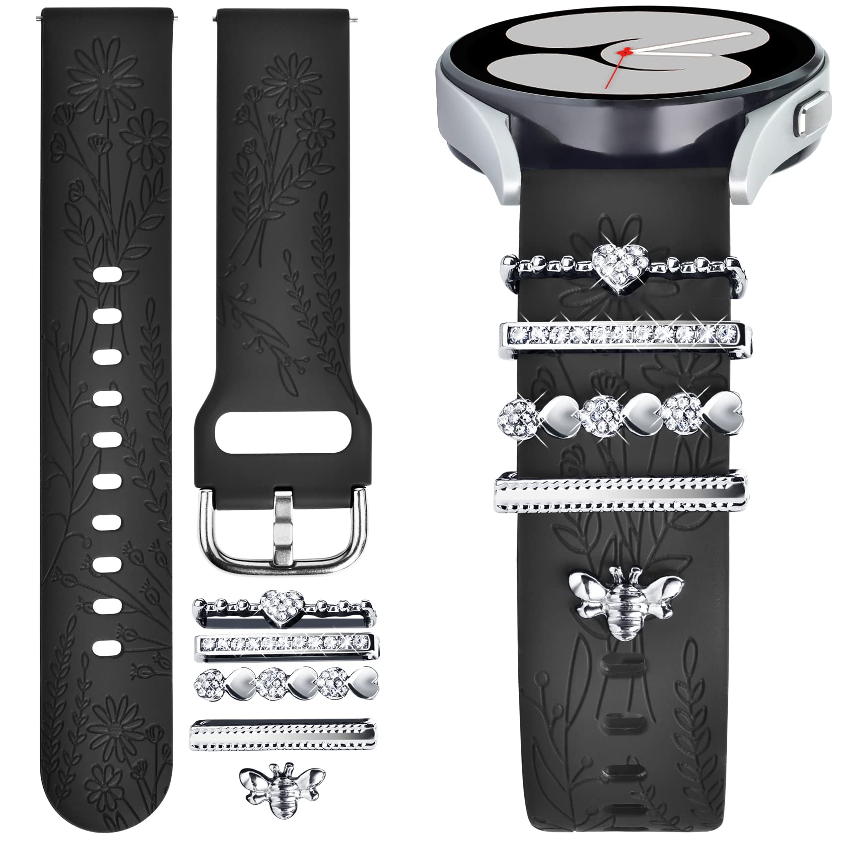 ORATYFAN Bands for Samsung Galaxy Watch 7/4/5/6 with Charms, 20mm Women Floral Engraved Silicone Strap with Decorative Rings for Watch 6/Watch 5 Pro/Watch 4 Classic 46mm 42mm/Watch 3 41mm/Active 2
