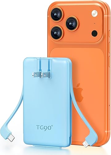 TG90 Cargador portátil de 5000 mAh con cables incorporados y enchufe de CA plegable