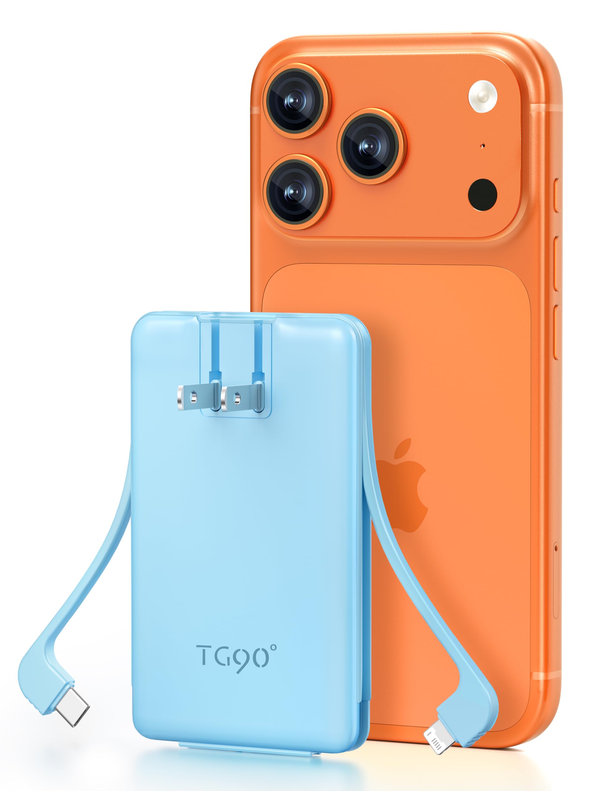 TG90 Portable Charger Built-in AC Wall Plug and Cables Slim Fast Charging Power Bank 5000mAh Pocket Size USB