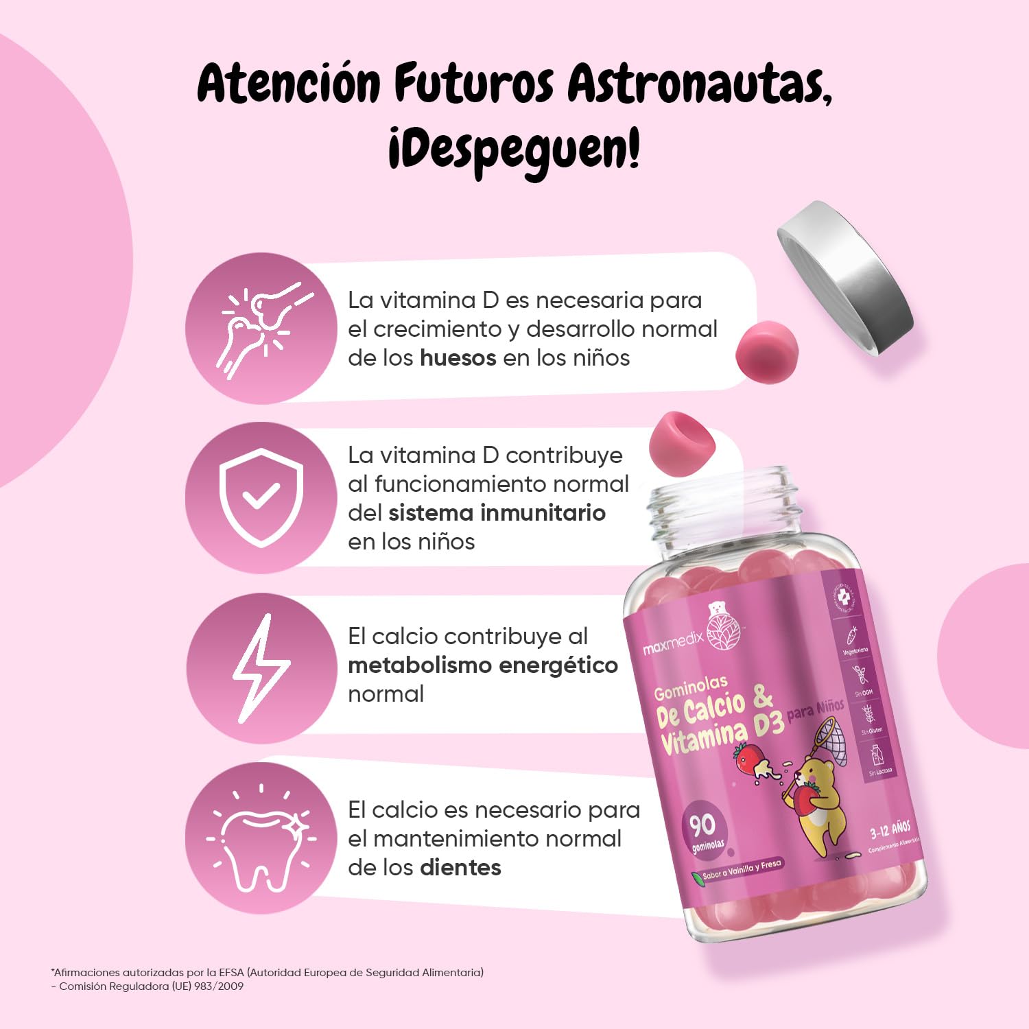 Calcio y Vitamina D3 para Niños - 90 Gominolas, Sabor a Vainilla y Fresa - Suplemento para Niños para su Crecimiento y Desarrollo - 45 Días de Suministro - Sin Lactosa ni Gluten
