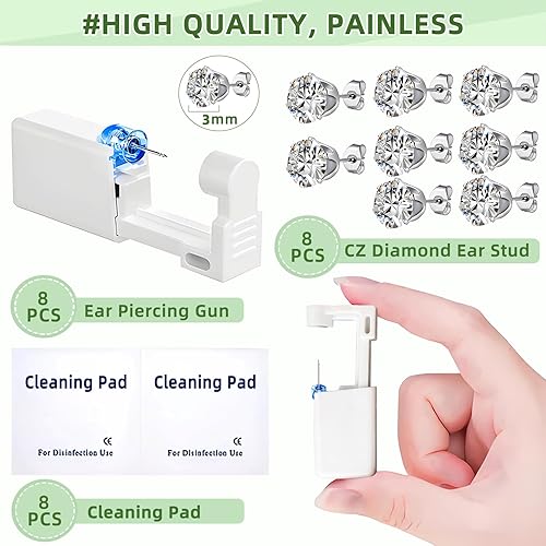Miniatura 18 de Kit de 24 piezas de perforación de oreja desechables con 8 pistolas autoperforantes y 8 aretes, 8 almohadillas de limpieza