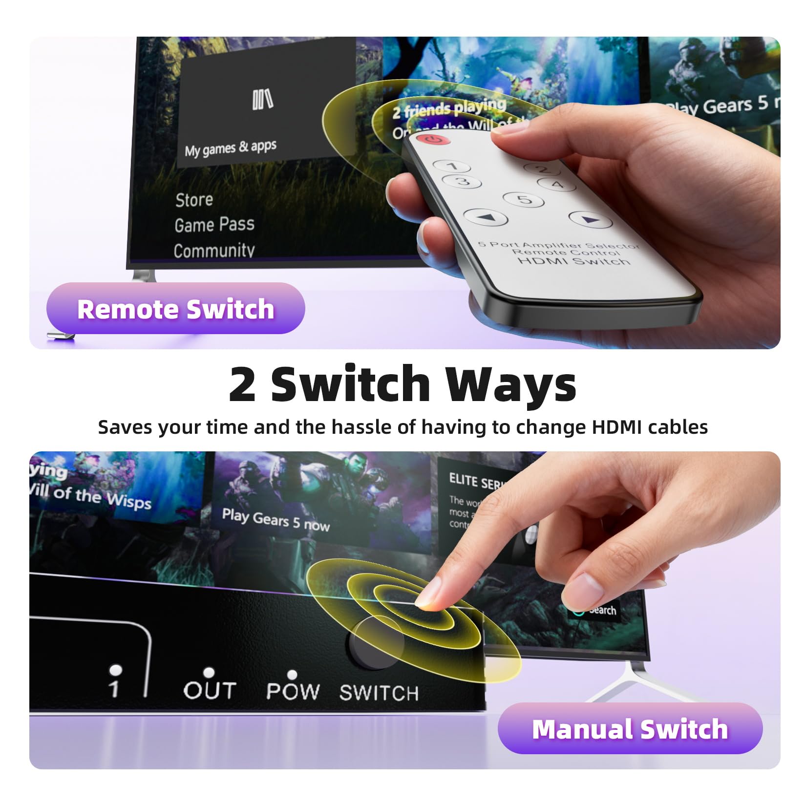 Commutateur HDMI 2.1 8K @ 60 Hz 5 en 1 sortie prend en charge 4K @ 120 Hz HDR10+ HDCP 2.3 VRR, commutateur HDMI compatible avec PS4/5 Xbox Nienteen Swtich Roku Fire Stick Apple TV pour