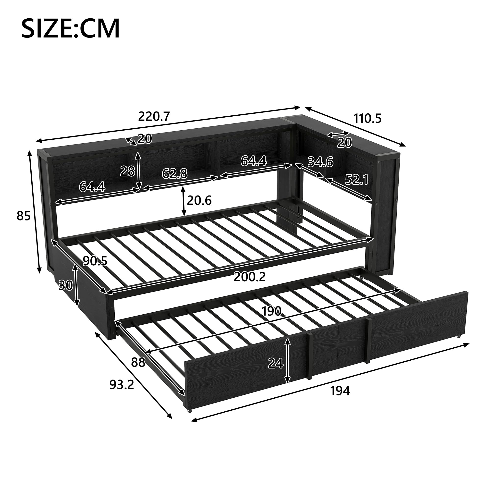 Cama de metal de 90 x 200 cm con cama nido, armarios de almacenamiento, iluminación LED y puertos USB (negro)
