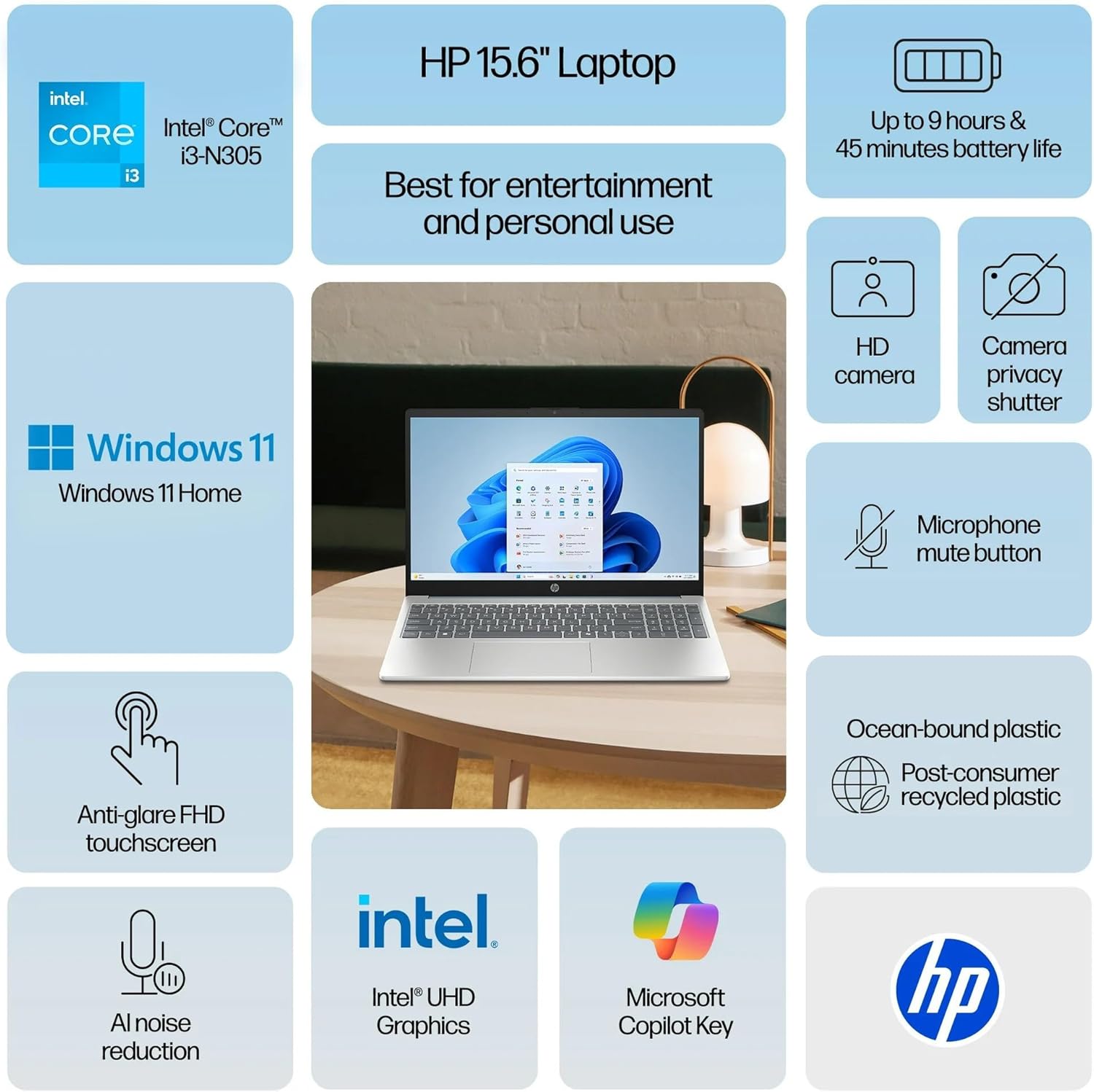 HP 15.6" FHD Touchscreen Laptop, Intel 8-Core i3-N305, 16GB RAM 512GB SSD, Copilot AI WiFi 6 Win11 Numeric Keypad Webcam Computer for Creator Designer Business Gaming Student Work w/GM Accessor
