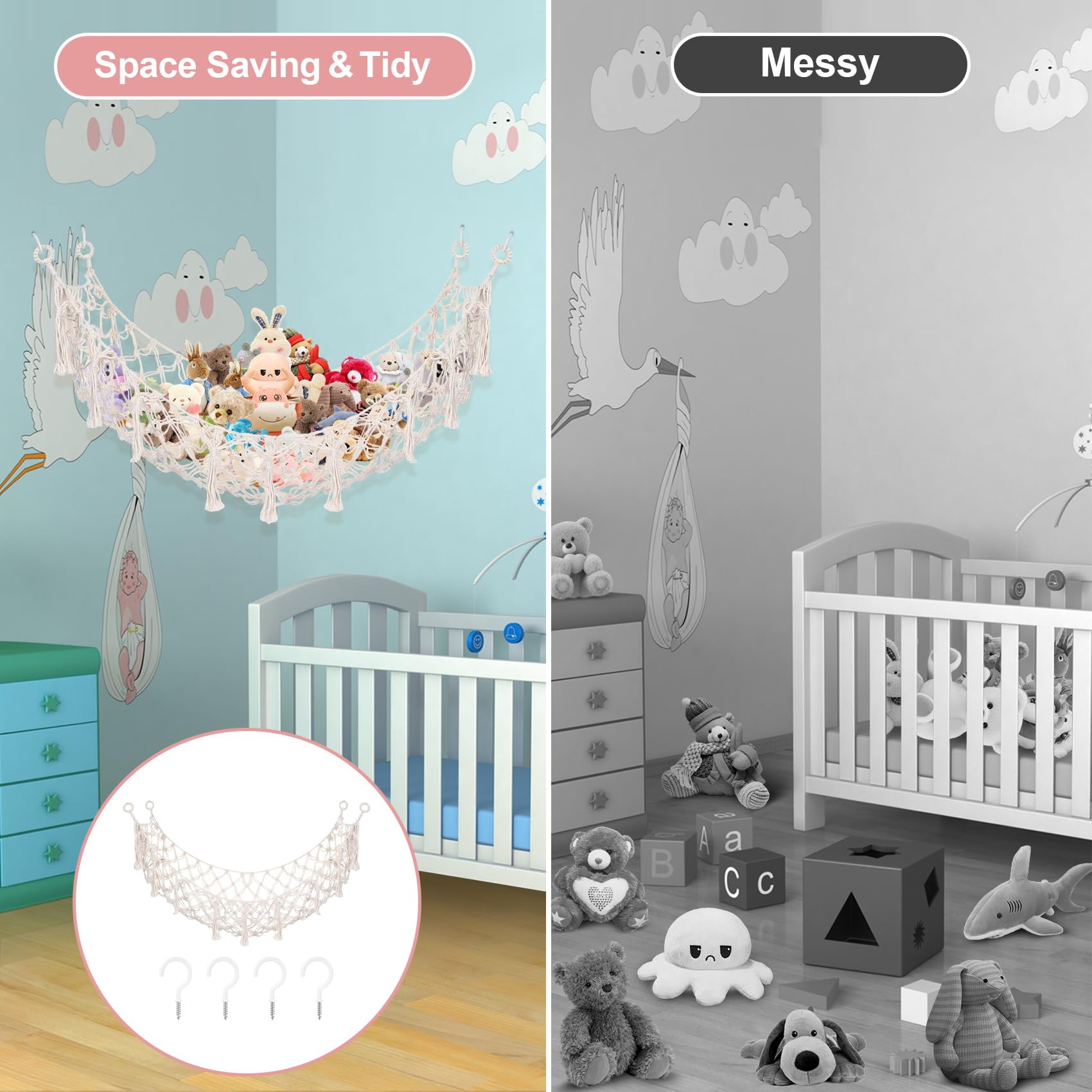Hamac Carré en Macramé Bohème pour Animaux en Peluche, Filet de Rangement Mural en Coton, Blanc