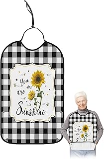 Sunflower Adult Bibs for Elder Women Men Eating, Farmhouse Spring Floral Summer Bee Black and White Plaid Waterproof & Washable Bibs for Eating Clothing Protector Dining Bibs for Crumb Catcher