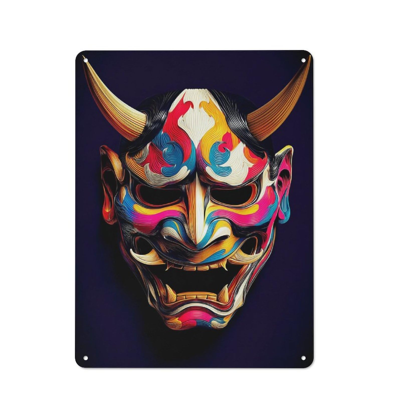 Junmoney Colorful Demon Mask Artwork Retro Tin Wall Plaque 40X30cm Featuring For Garage Wall, New Home Wall Decor For People Furnishing A Garage