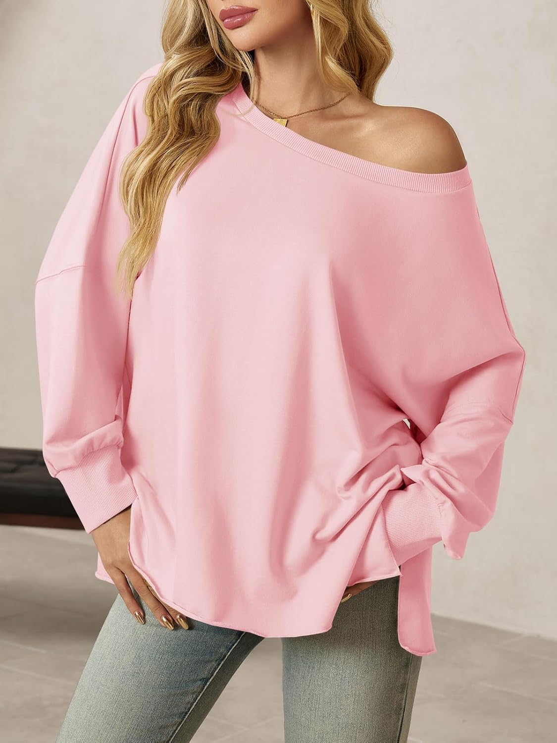 Tankaneo Womens Oversized Off The Shoulder Tops Long Sleeve Trendy Casual T-Shirts Side Slit Loose Fit Tunic Shirts - Image 3