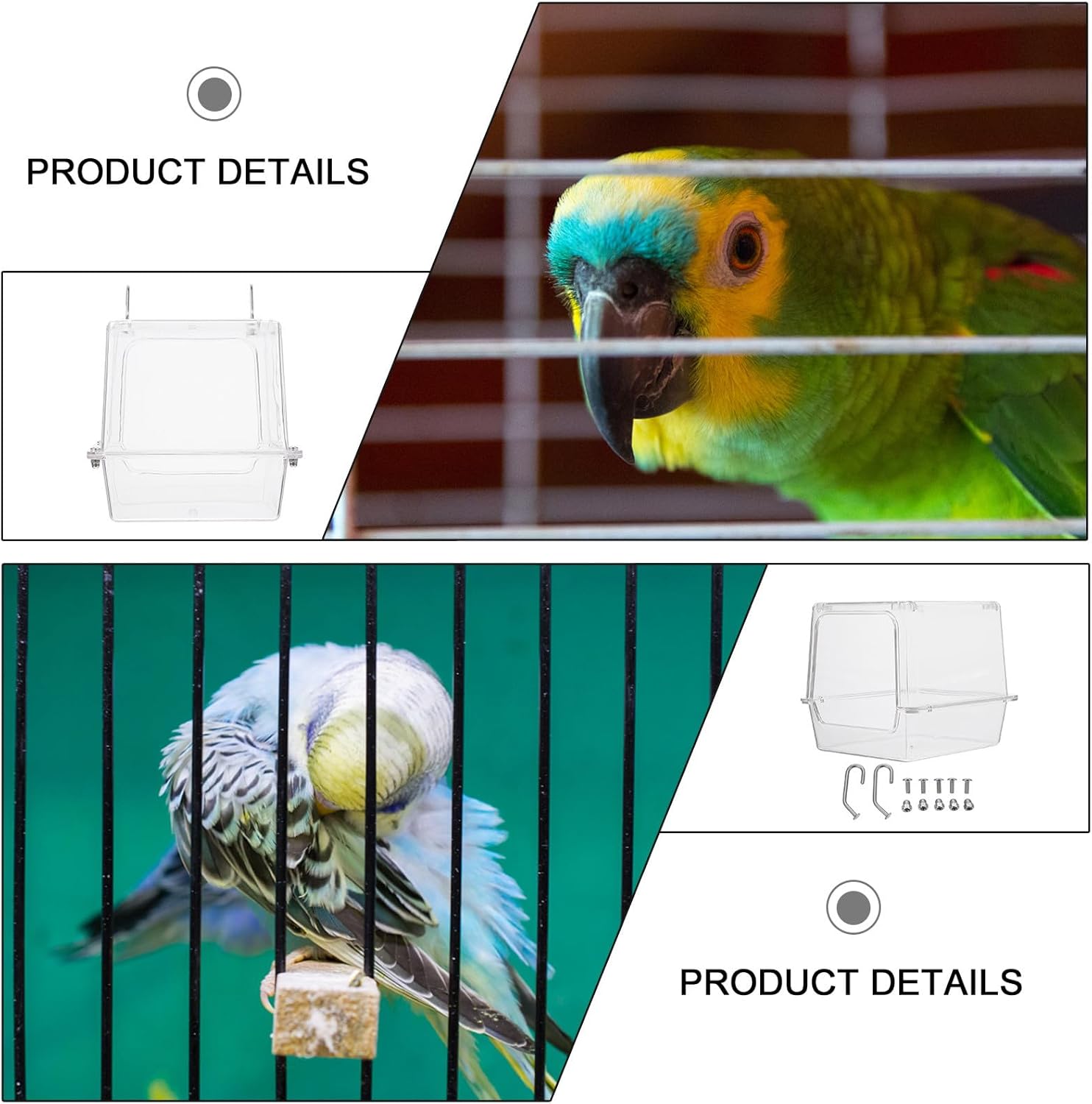 Wakauto Parrot Bath Box Hanging Bird Bath Tube Acrylic Cage No-Leakage Shower Box and Budgerigars