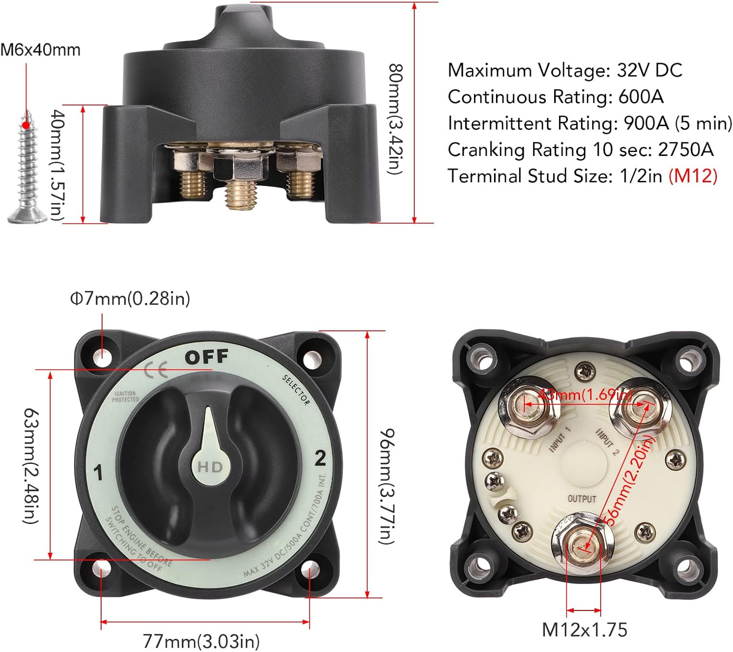Interruptor 600A Blue Sea Battery Switch,Battery Selector Switch Battery Power Itor S Marine Master Battery Switch 600A 32V Single Circuit On Off Power Kill Switch for Marine Boat RV