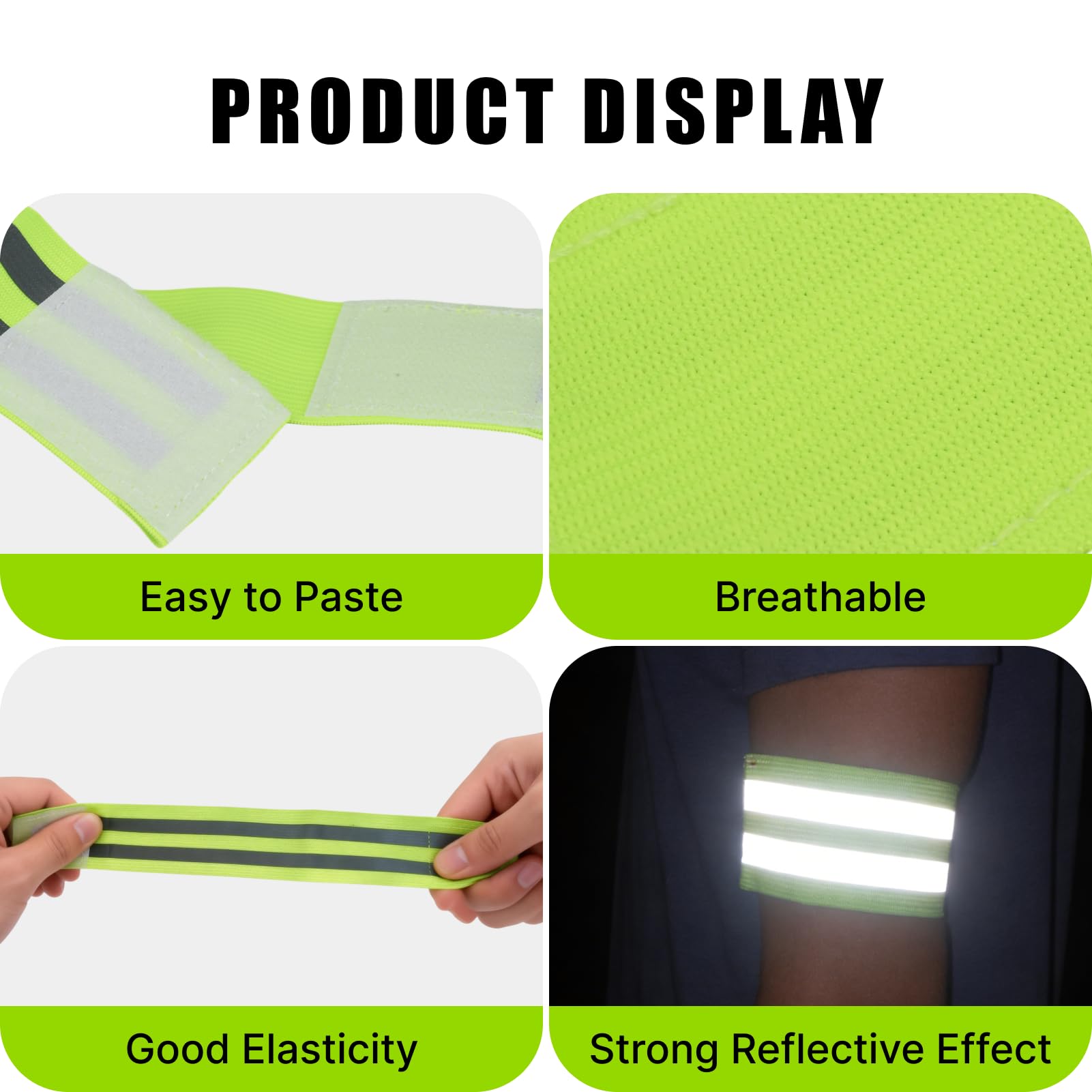 8 Pcs Brassard Réfléchissant,Bande Réfléchissante Double,Largeur 5cm,Fermeture Réglable 8cm,pour Bras,Jambes,Chevilles,Visibilité 360°,Vert,35-50cm,pour Adultes,Cyclistes,Visibilité 300m - 3