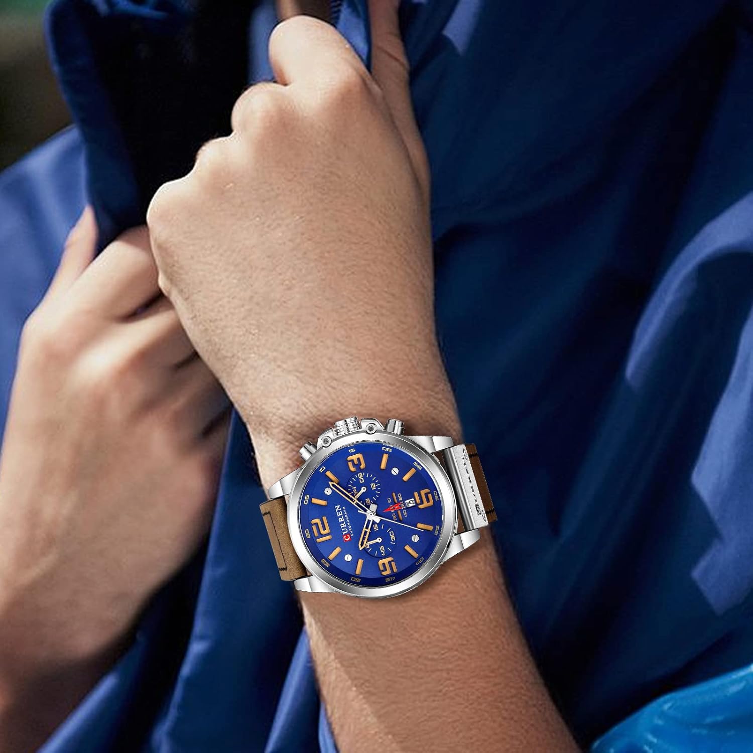 FANMIS Mens Sport Military Analog Quartz Watch Classic Chronograph Sandwich Dial Business Dress Waterproof Watch Multifunctional Wristwatch with Leather Strap - Image 5