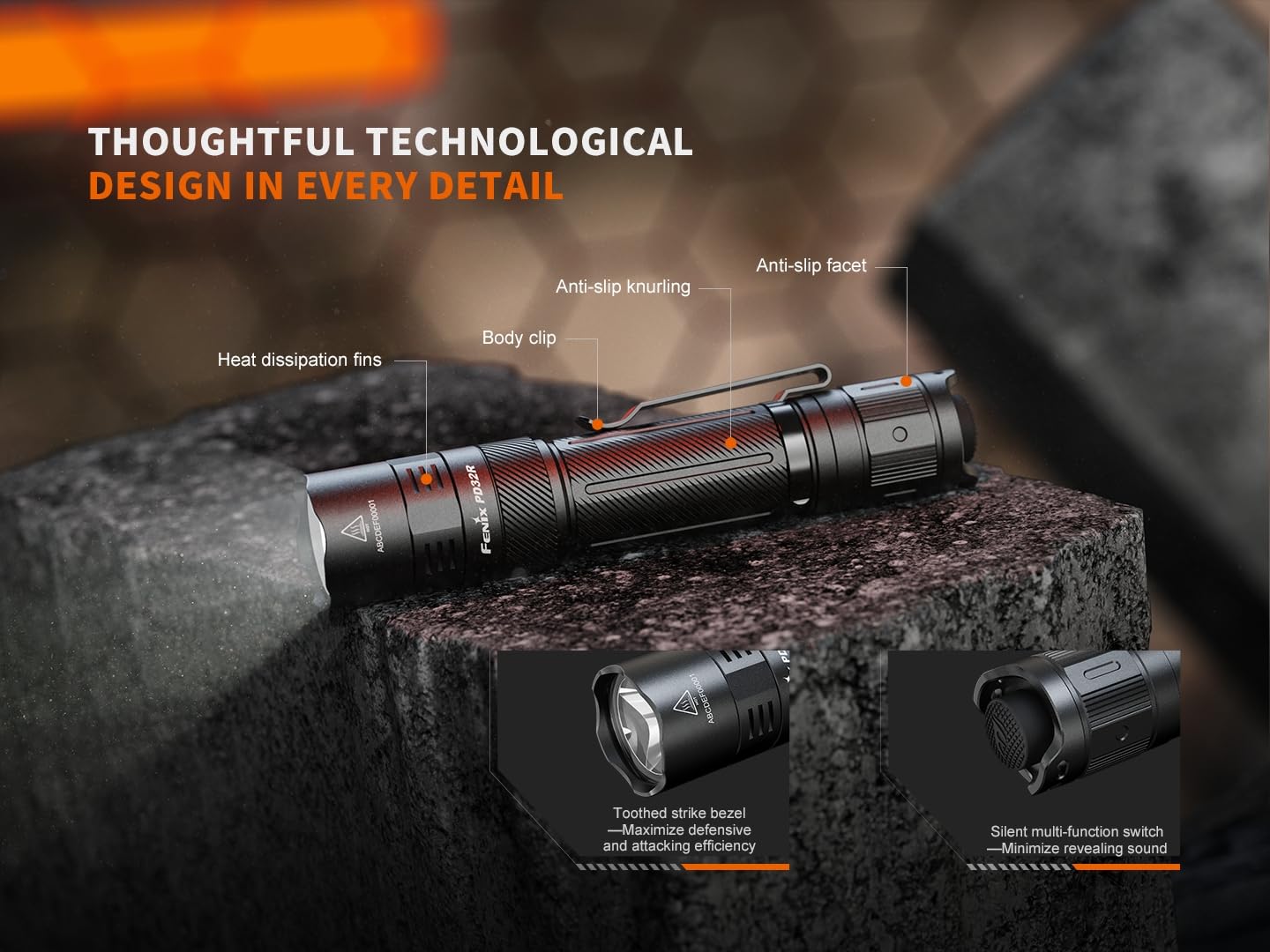 fenix PD32R Wiederaufladbare, kompakte LED-Sicherheits-/Polizei-Taschenlampe mit großer Reichweite | 1400 Lumen | 344 m | 70 Stunden Max | Leiser taktischer Schalter | 3400 mAh 18650 batteriebetrieben