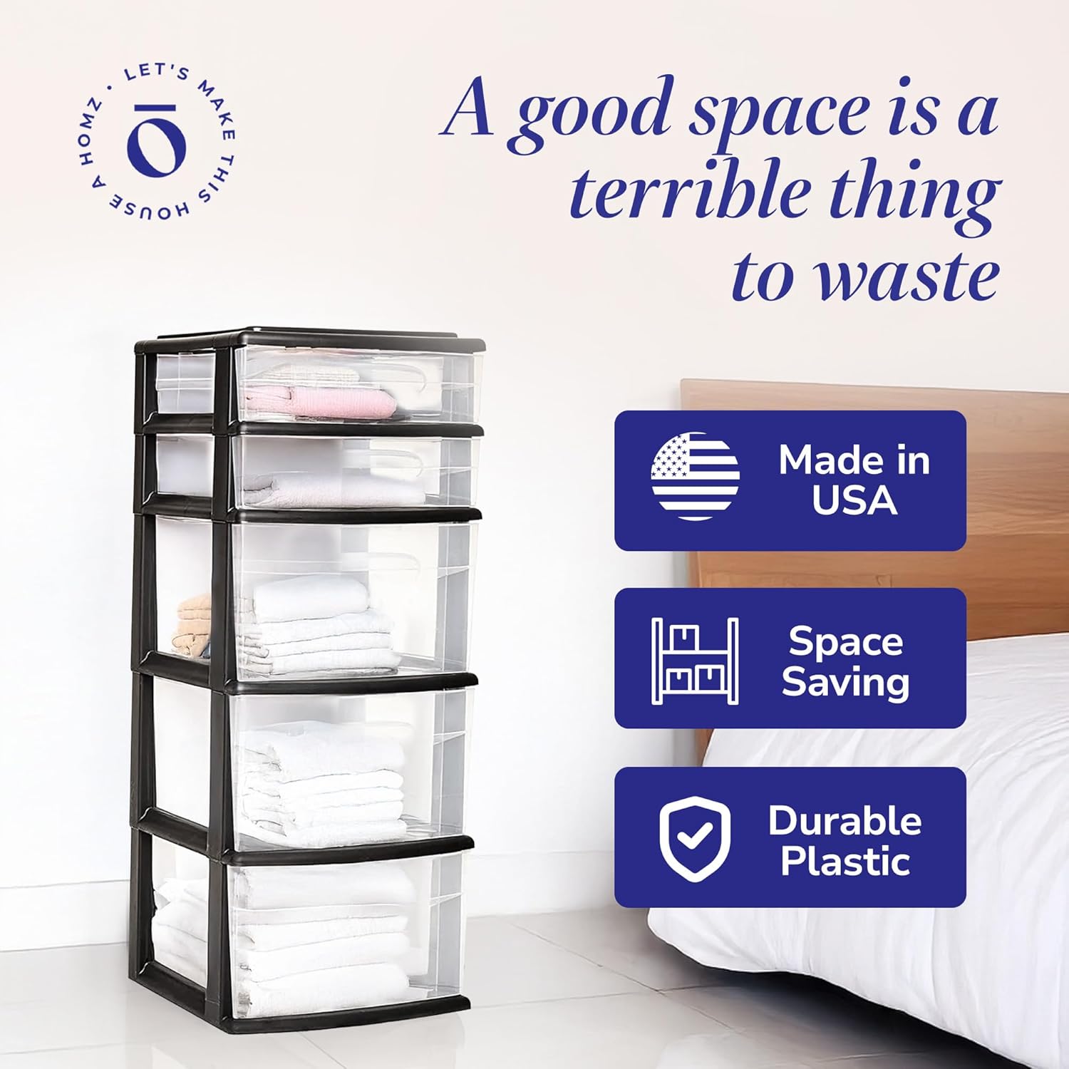 HOMZ Drawer Tower, 5-Tier Clear Plastic Storage Organizer Unit, Black Frame - Multi-Purpose Container Drawers for Bedroom, Bathroom, and Office Organization - Image 6