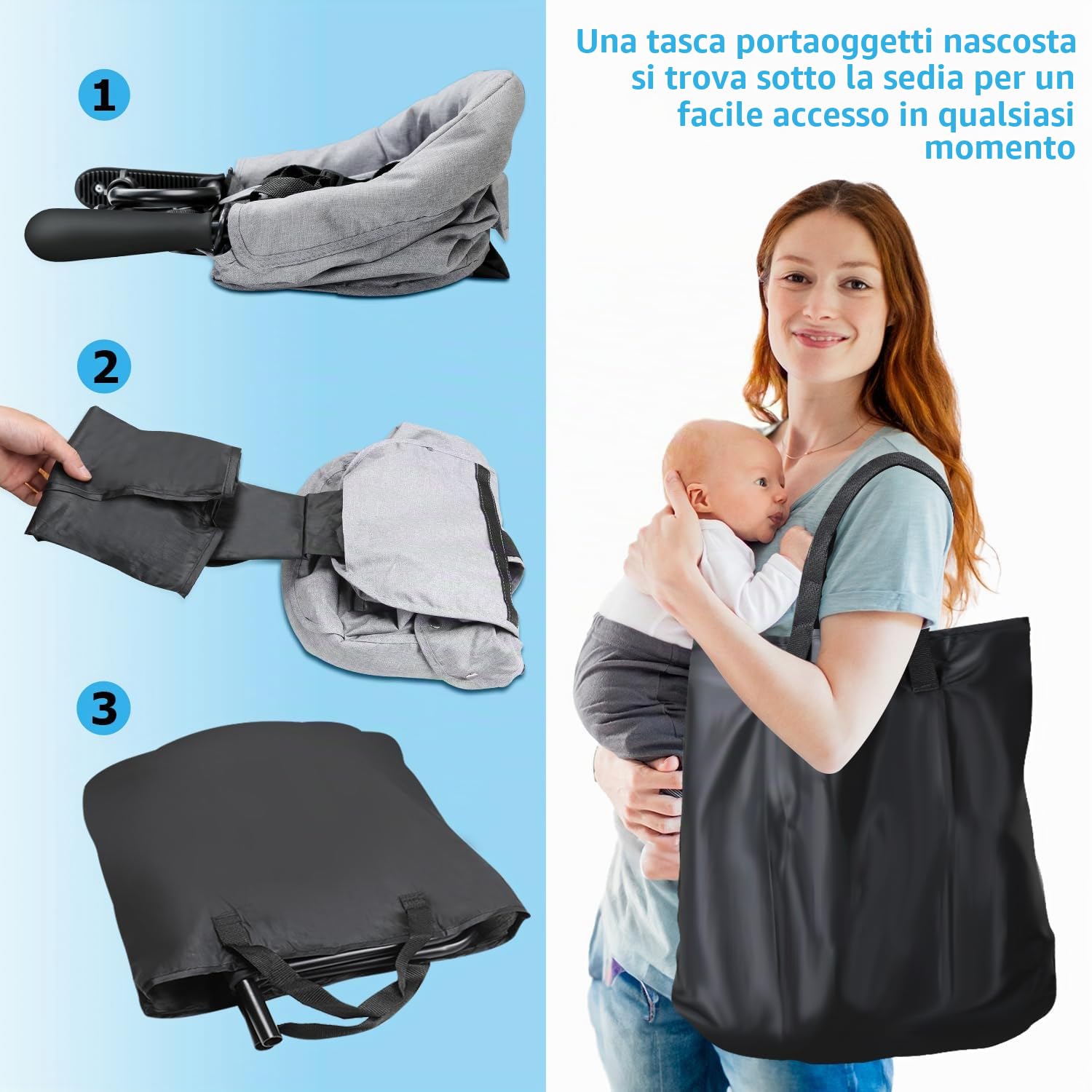 Seggiolino pieghevole per bambini, seggiolone per bambini, seggiolino da tavolo per bambini per casa e viaggi con borsa da trasporto, caricabile fino a 18 kg (grigio)