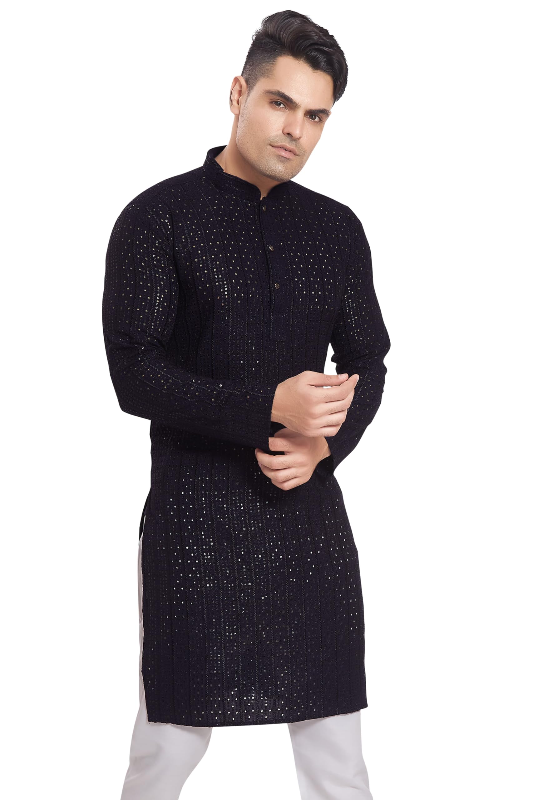 Divisive Men's Embroidered Cotton Blend Only Slim Fit Kurta (Dkrt372_S_Black)