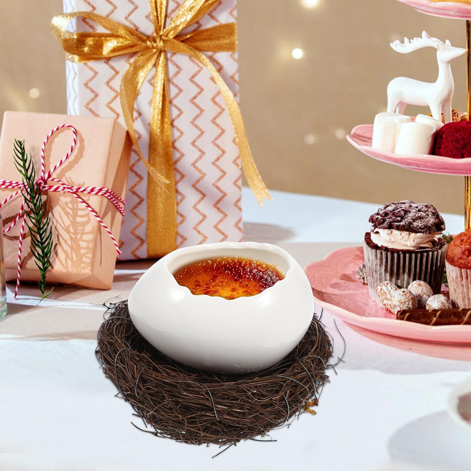 Luxshiny Ceramic Eggshell Dessert Bowl with Nest, White Serving Bowl