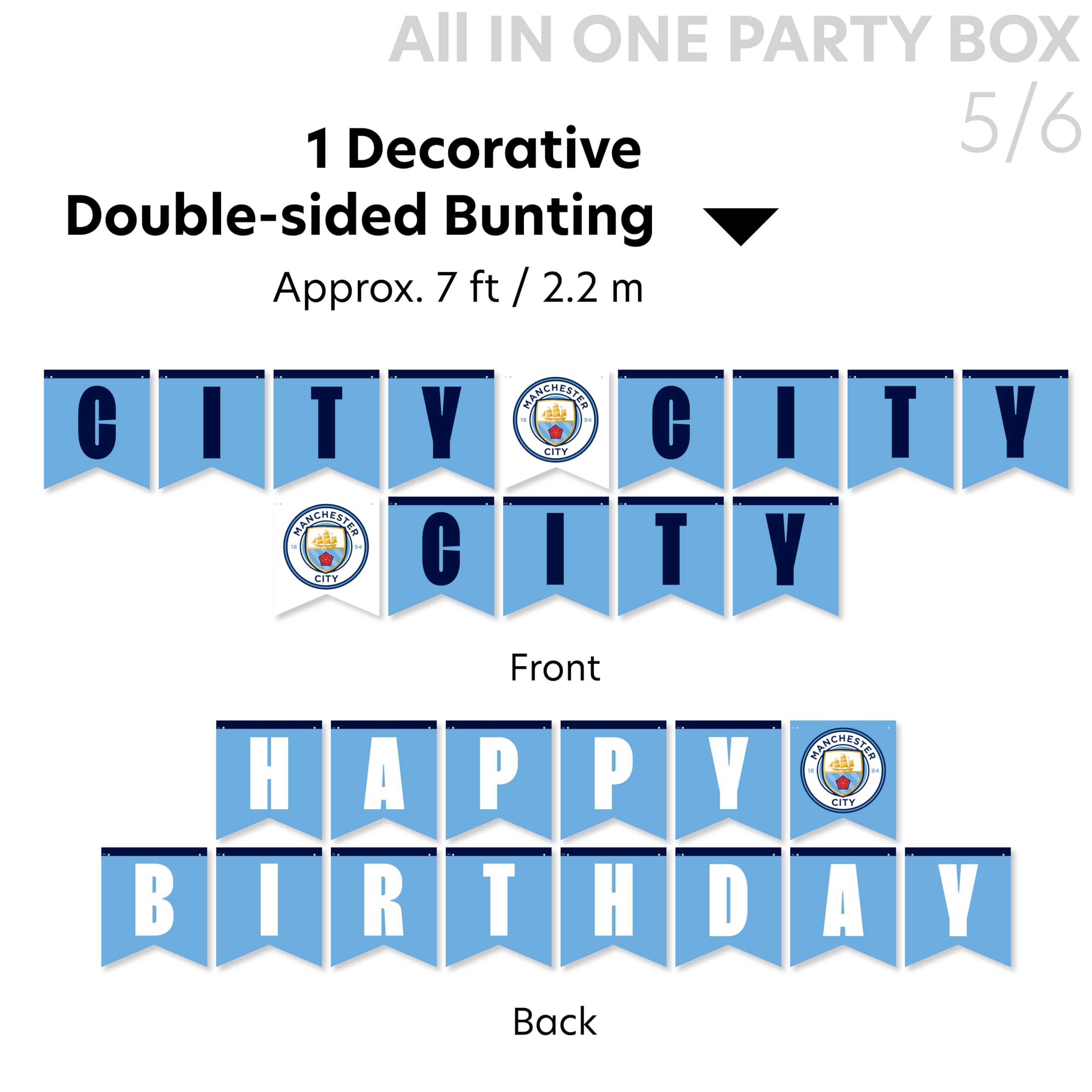 77 szt. ALL-IN-ONE ManCity FC Matchday Party Box dla 6 gości jednorazowa zastawa stołowa, z kulteriami, dekoracjami, balonami foliowymi z dżerseju, upominki na przyjęcie i bezpieczne dla żywności