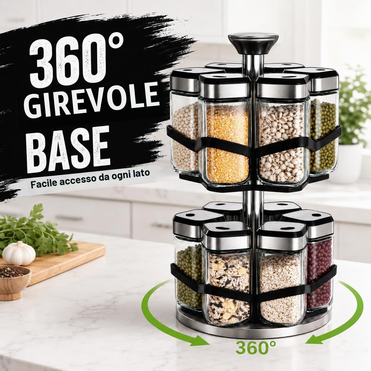 Scaffale per Spezie Rotante 360° a Doppio Piano, Acciaio Inox, 12 Barattoli 120ml, 3 Uscite di Dosaggio, Montaggio Non Necessario, Dispenser Spezie Girevole per Cucina