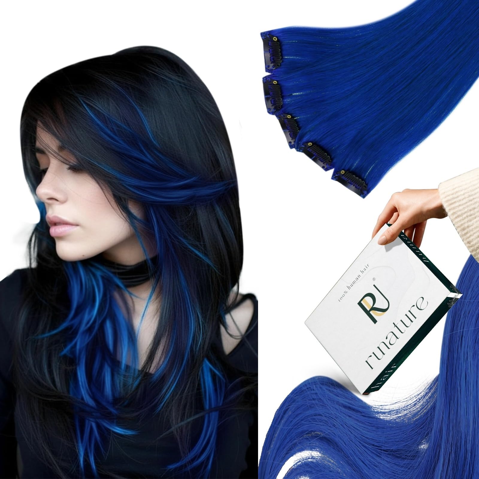 RUNATURE Blue Clip in Hair Extensions Real Human Hair Extensions Clip ins Blue Human Hair Clip in Extensions 14 Inch Clip ins Extensions Silky Remy