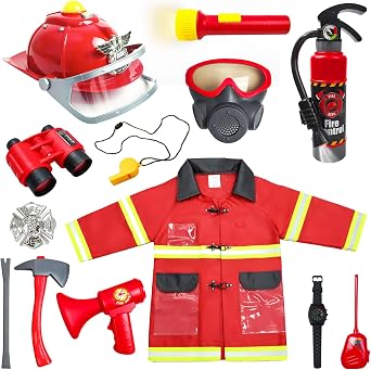 RedCrab Firefighter Costume Set for Kids,13Pcs Toddler Fireman Chief Dress Up Outfit with Functional Accessories, Red Fireman Uniform Gifts for Boys Girls Ages 3-8