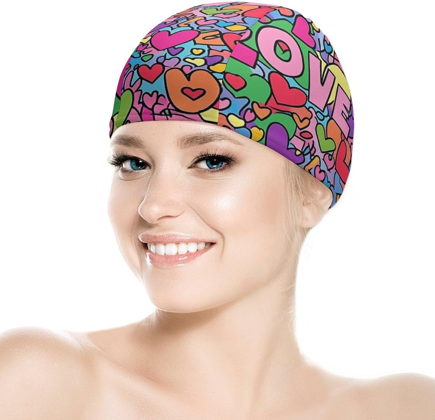 Valentine's Day Stacked Love Heart Womens Swim Cap for Men Adult Swimming Hat Curly Short Medium Long Hair