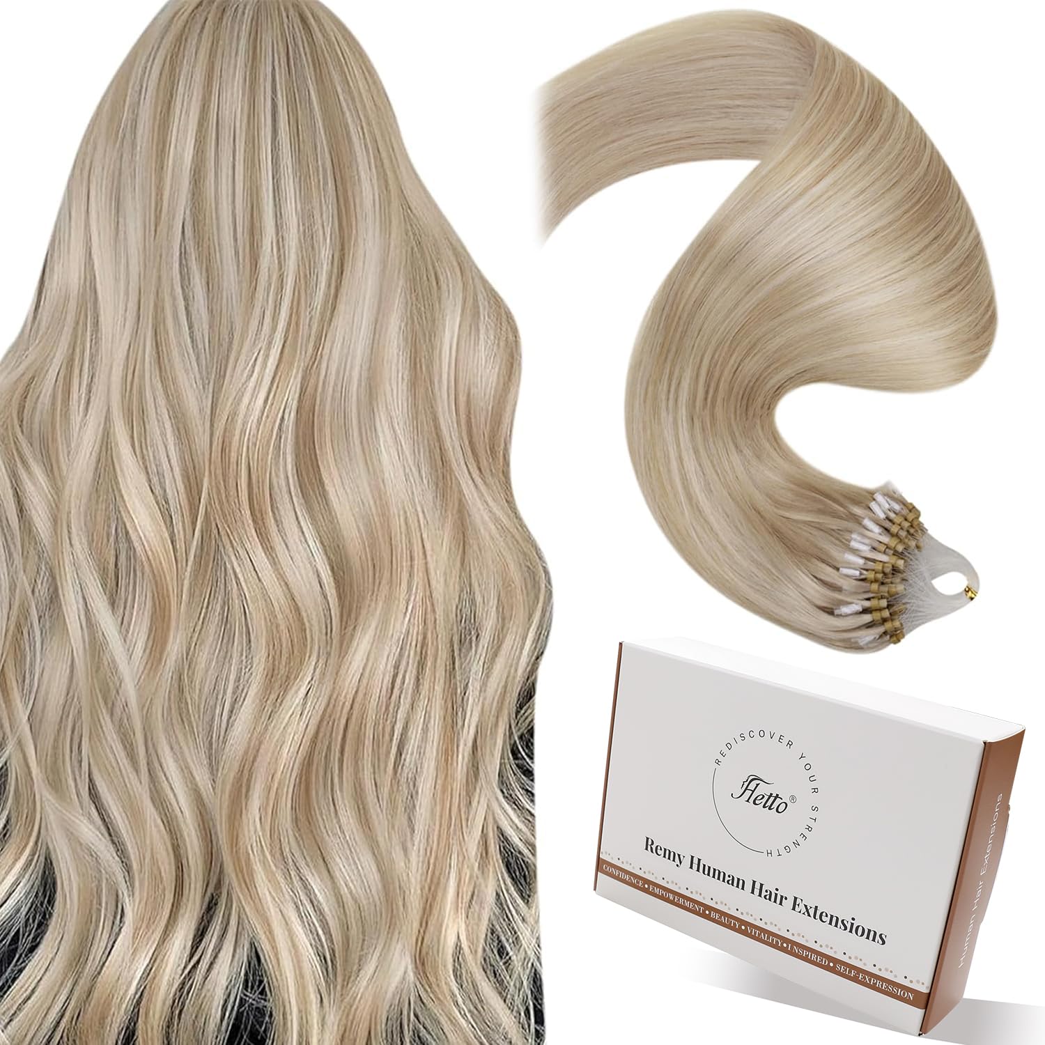Hetto Micro Beads Hair Extensions Ash Blonde Mix Bleach Blonde 22 Inch, Micro Rings Real Human Hair Prebonded Extensions