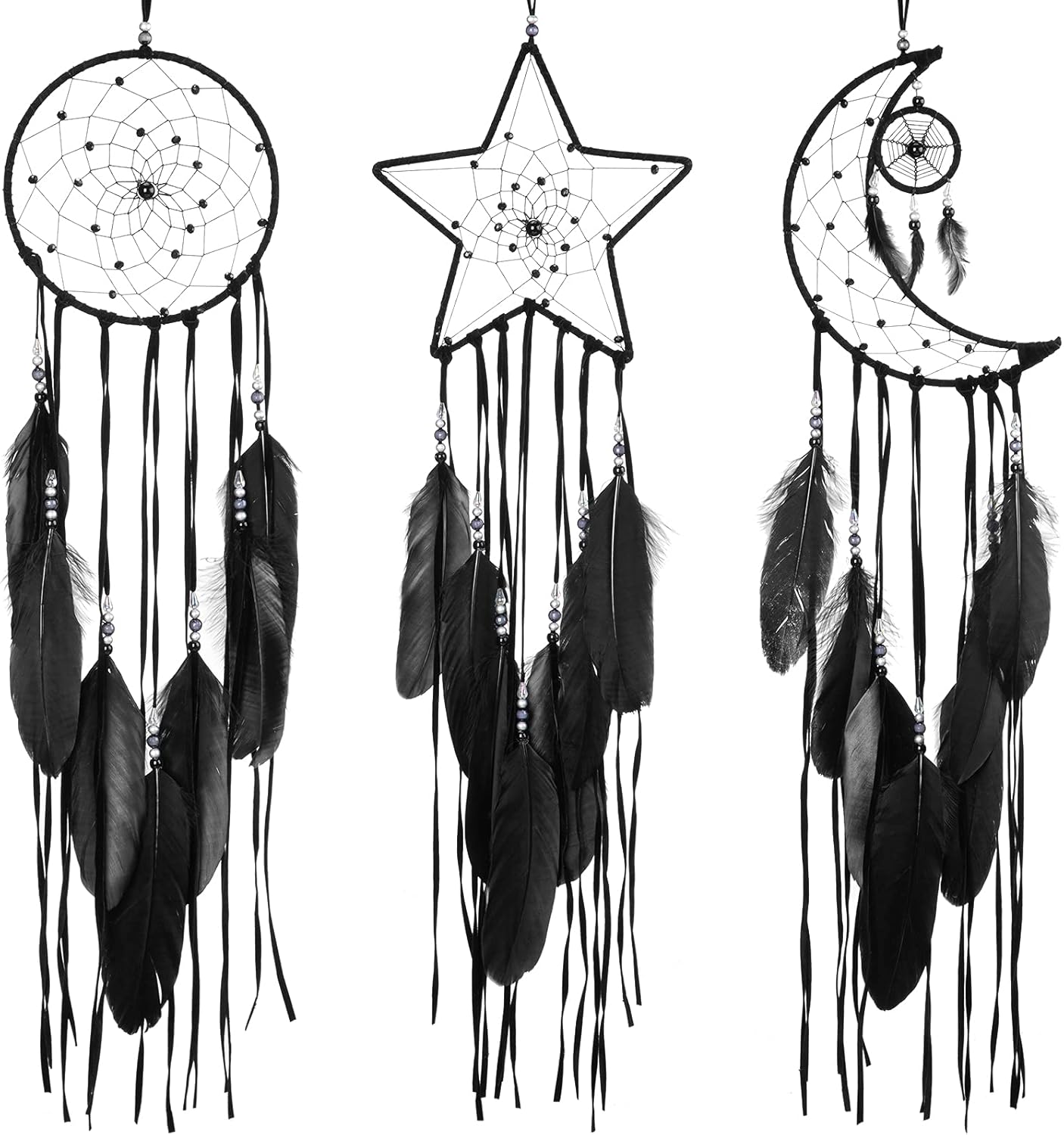 Jetec 3-Pack Moon Sun Star Dream Catchers - Handmade Boho Wall Hanging Ornaments for Bedroom, Wedding, Halloween Decor