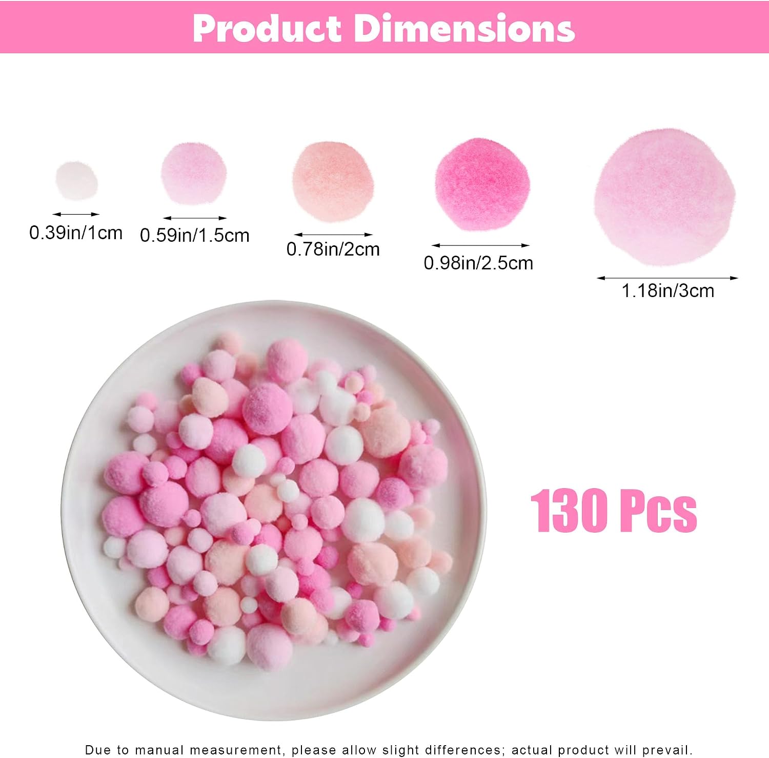 Mini Pom Poms for Crafts, 130 Pack Pink Craft Pom Pom Balls with Mixed Sizes, Soft Puff Balls for DIY Decor Baby Shower Birthday Party Decorations