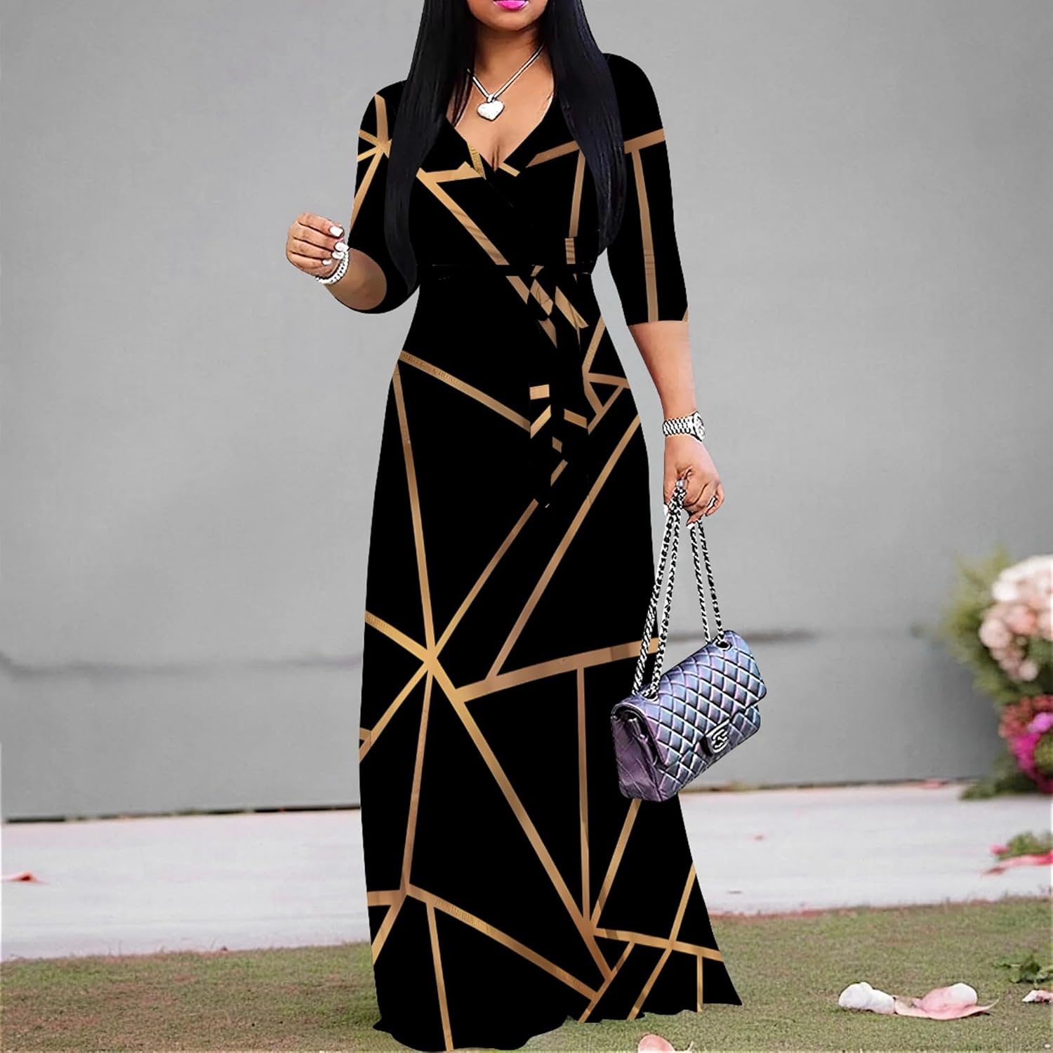 PinkPatty Plus Size Maxi Dresses for Women Casual Flowy Long Dress 3/4 Sleeve V Neck Wrap Dress with Belt - Image 3