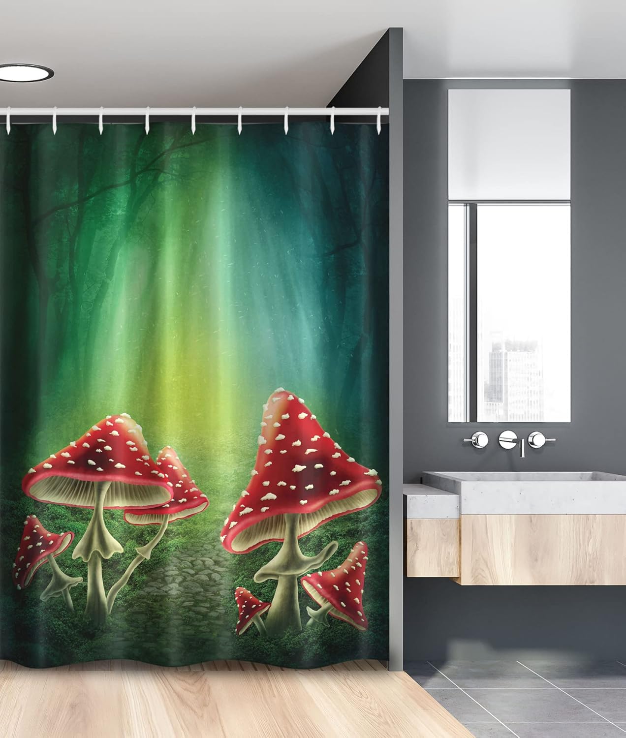 Ambesonne Mushroom Stall Shower Curtain, Dark Forest with Mushrooms Adventure Misty Mysterious Wizard Witch Magic, Fabric Bathroom Decor Set with Hooks, 54" W x 78" L, Sea Green Red Cream