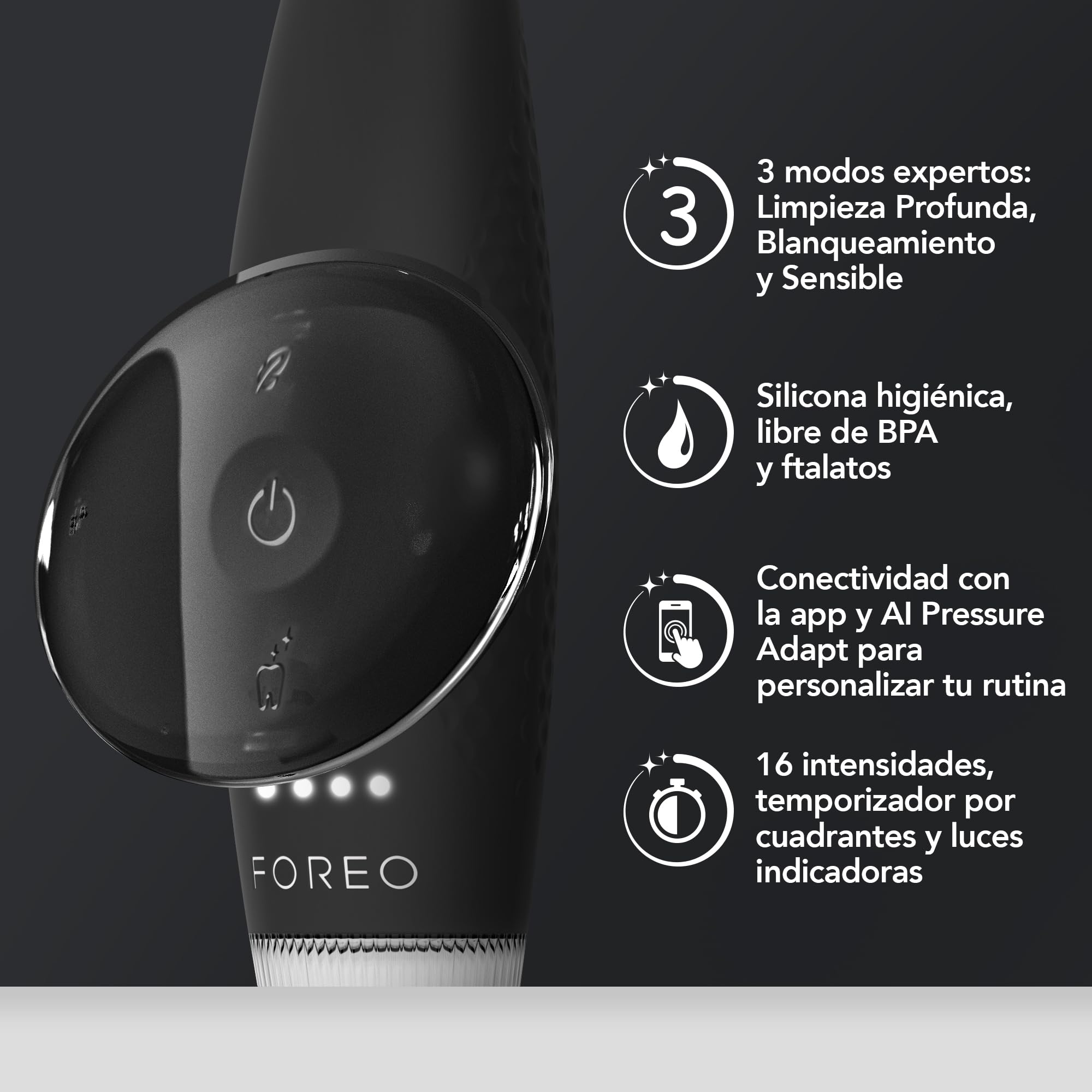 FOREO ISSA 4 Plus cepillo de dientes eléctrico sónico – Pack recargable USB 4 en 1 con IA, cabezal híbrido extra de silicona médica y polímero, suave, blanqueador dental, limpieza profunda - Black