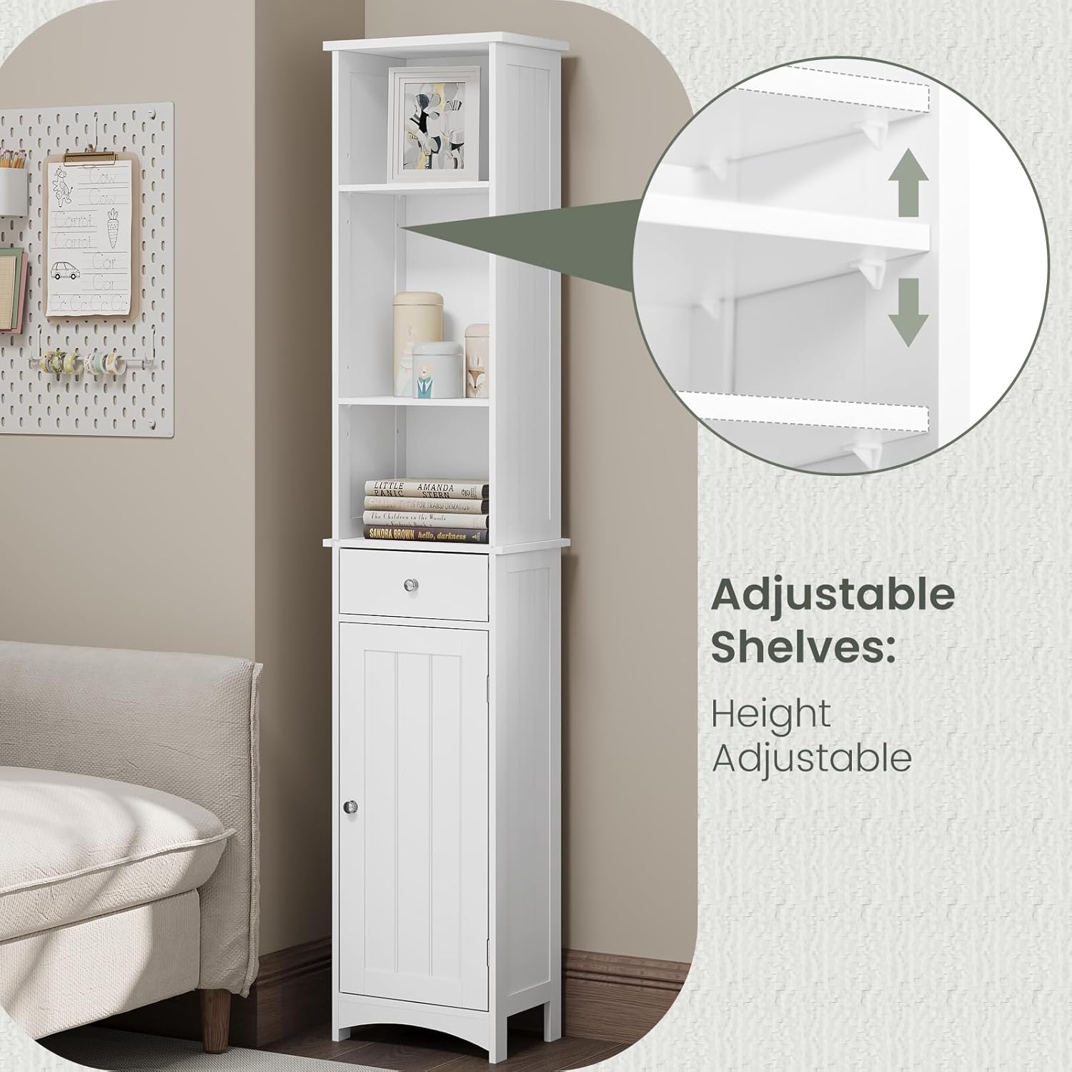 Close-up image illustrating the adjustable shelves feature of the cabinet, showing how shelf height can be changed.