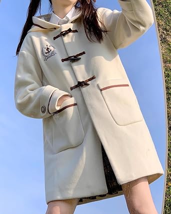 Teens Wool Jacket Coats Japanese Style Cute Horn Buttons Hooded Duffle Coat Solid Color Winter Warm Pea Coat