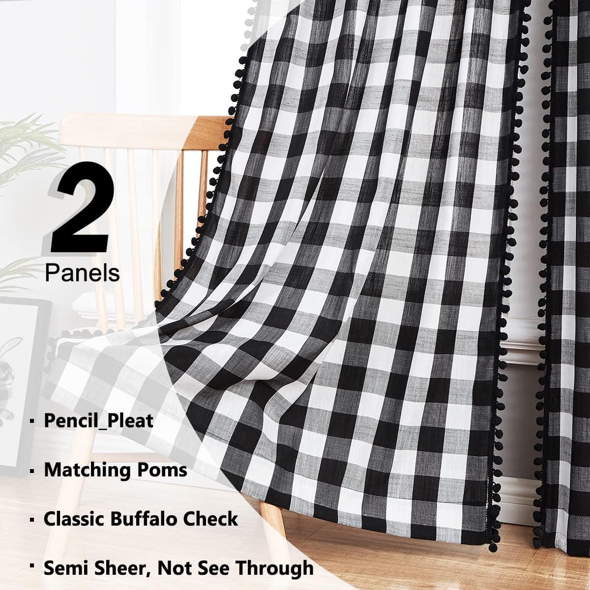 Pom Pom Curtains for Living Room 90" Drop Black and White Buffalo Checkered Pattern Semi Sheer Curtains Pencil Pleat Linen Texture Plaid Window Curtain Panels for Office Bedroom 40" wide 2pcs - Image 4