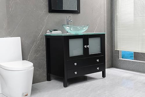 Miniatura 5 de Juego de tocador de baño moderno de madera independiente de 36 pulgadas con lavabo de recipiente, espejo de baño incluido (negro + fregadero de