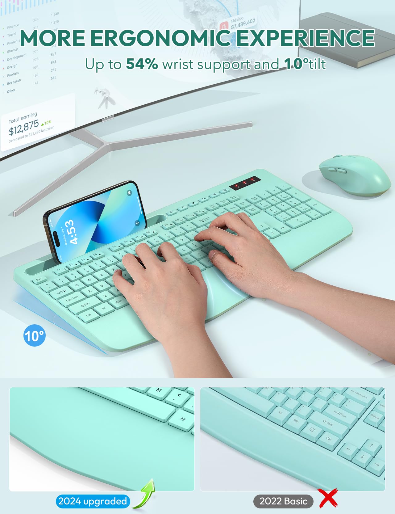 SABLUTE Bezprzewodowa klawiatura i mysz, podpórka pod nadgarstek, uchwyt na telefon, baterie w zestawie, ergonomiczna klawiatura 2,4 G, bez opóźnień, zestaw bezprzewodowy, do komputera, laptopa