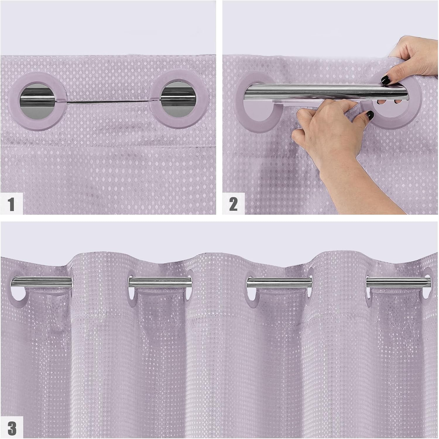 MitoVilla No Hooks Needed Extra Long Shower Curtain Liner Set, Purple 86 inch XL Heavyweight Waffle Fabric Cloth Shower Curtains Set with Snap-in Liner for Modern Luxury Hotel & Spa Bathroom Decor