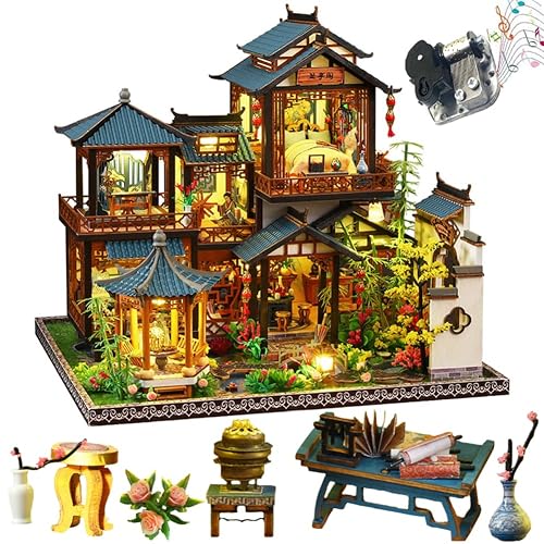 TOPBSFARNY 3D Casa de Muñecas de Madera Ensamblada Kit DIY Miniatura Estilo Chino Patio Escena…