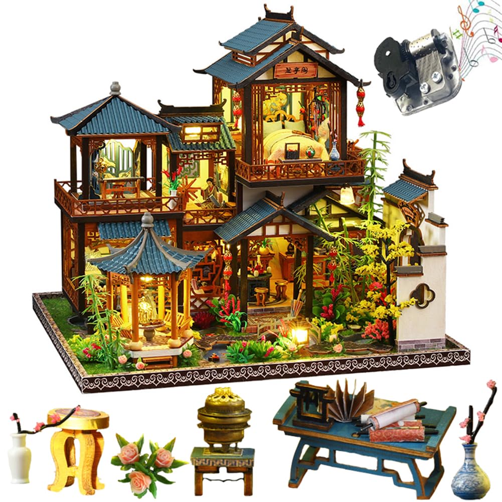 3D Casa de Muñecas de Madera Ensamblada Kit DIY Miniatura Estilo Chino Patio Escena de Construcción con Música Creatividad Halloween Regalo de Cumpleaños (Sin Funda Guardapolvo)