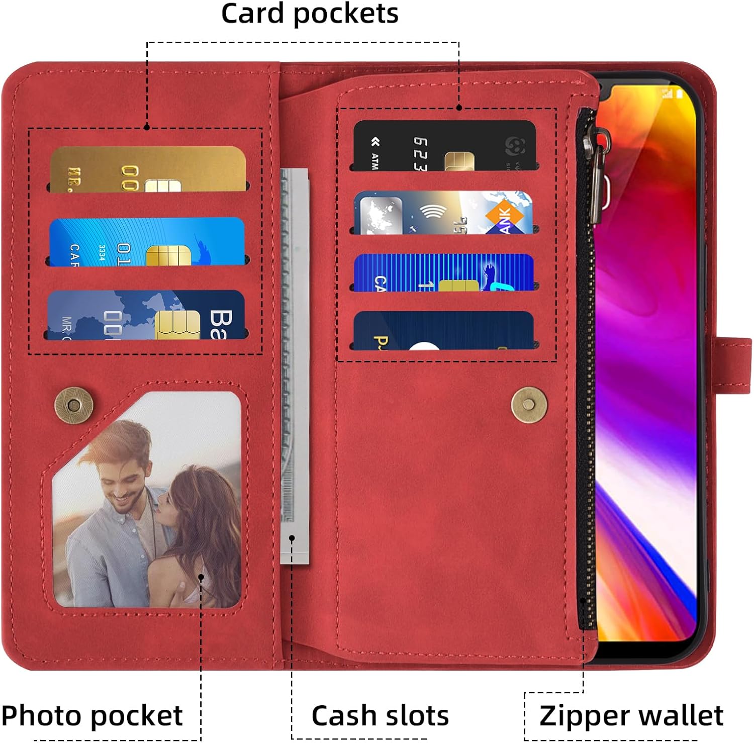 Phone Case for LG G7 ThinQ Wallet Cover With Screen Protector Crossbody Wrist Strap Leather Flip Pattern Zipper Credit Card Holder Stand LGG7 One G 7 Plus LG7 Fit Thin Q G7+ G7thinq LGG7thinq Red