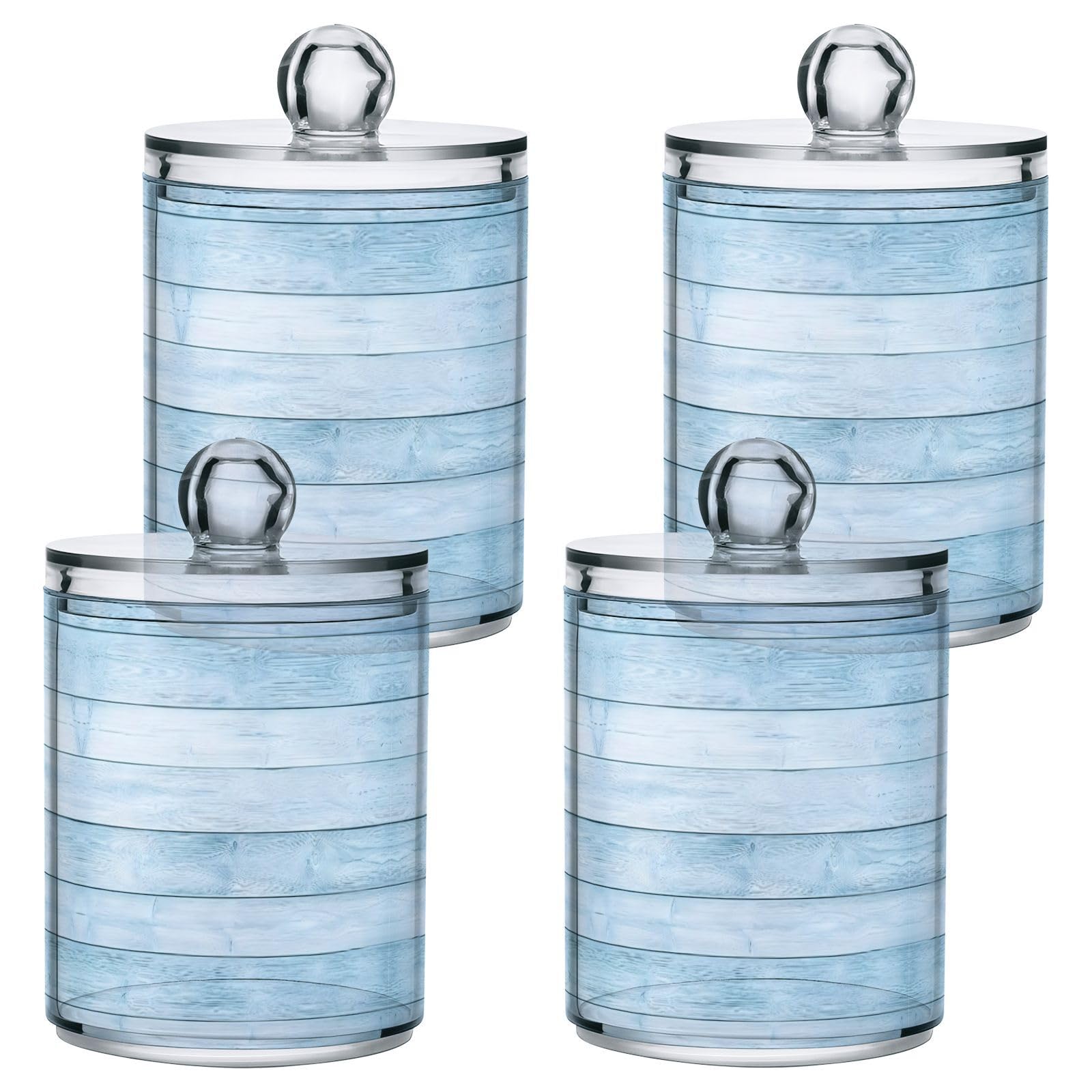 SDMKA 2 Pack Apothecary Jars Bathroom Mint Colored Wood Texture Qtip Holder Dispenser Clear Plastic Storage Canister Jar with Lid for Cotton Ball, Cotton Swab