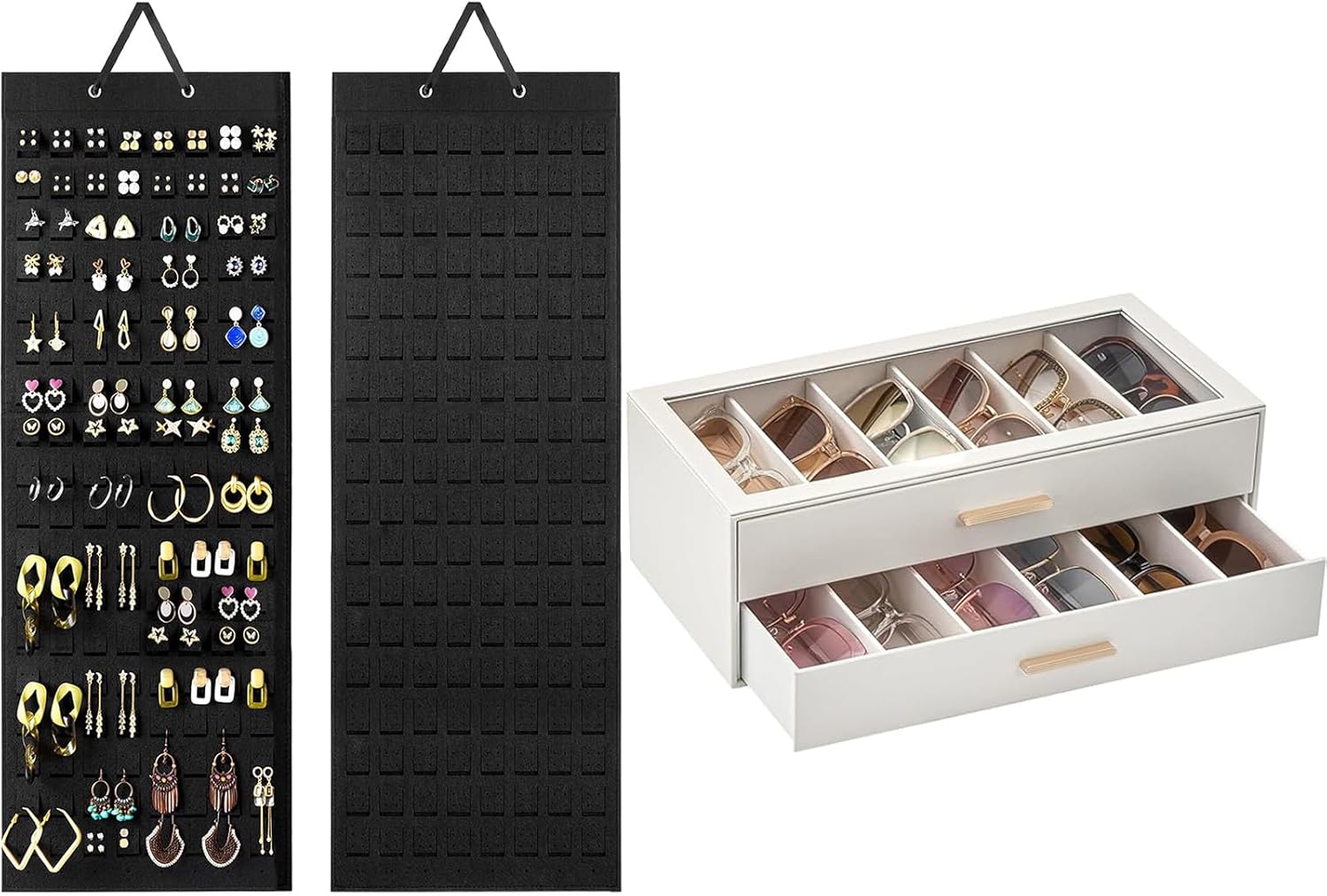 Lolalet Hanging Earring Holder Organizer with 20 Hooks Bundle with Sunglasses Storage Box with Clear Top Lid