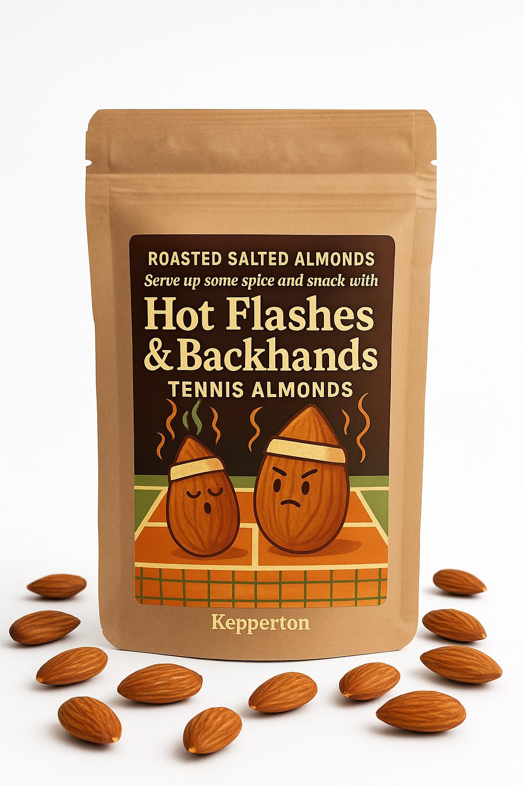 Hot Flashes & Backhands - Tennis Almonds, Hilarious Gag Gift Snack for Tennis Lovers, Fun Stress Relief Treat, Nutritious Almonds with a Pun, Perfect Birthday or Retirement Present