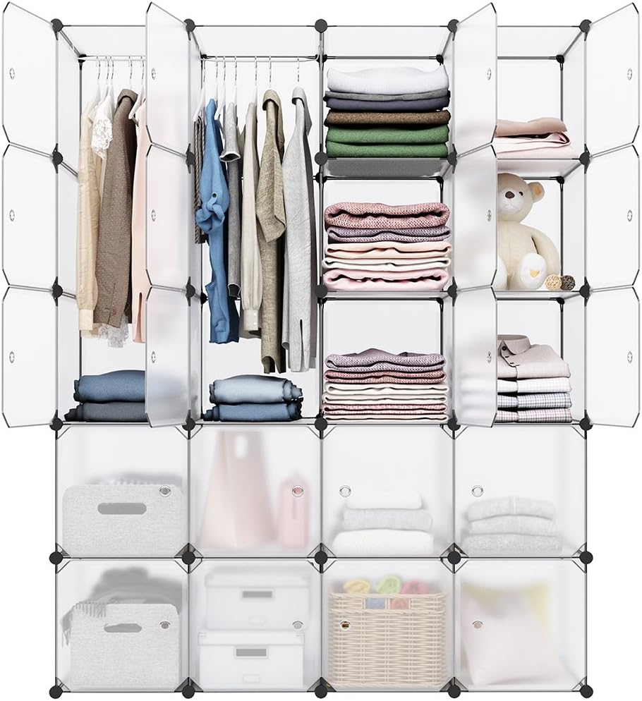 LANGRIA Cube Organizer Plastic Storage Cubes Drawer Unit, DIY Modular Bookcase Cabinet with Translucent Design for Clothes, Shoes, Toys (Frosted White, 58'' x 18.5'' x 72'')