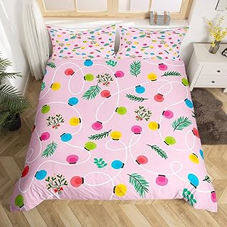 Erosebridal Christmas Lights Bedding Set Rainbow Christmas Tree Lights Comforter Cover Pine Trees Leaves Duvet Cover Full,Colorful Xmas Lights Bed Set Christmas Ornaments Pink Christmas Decorations